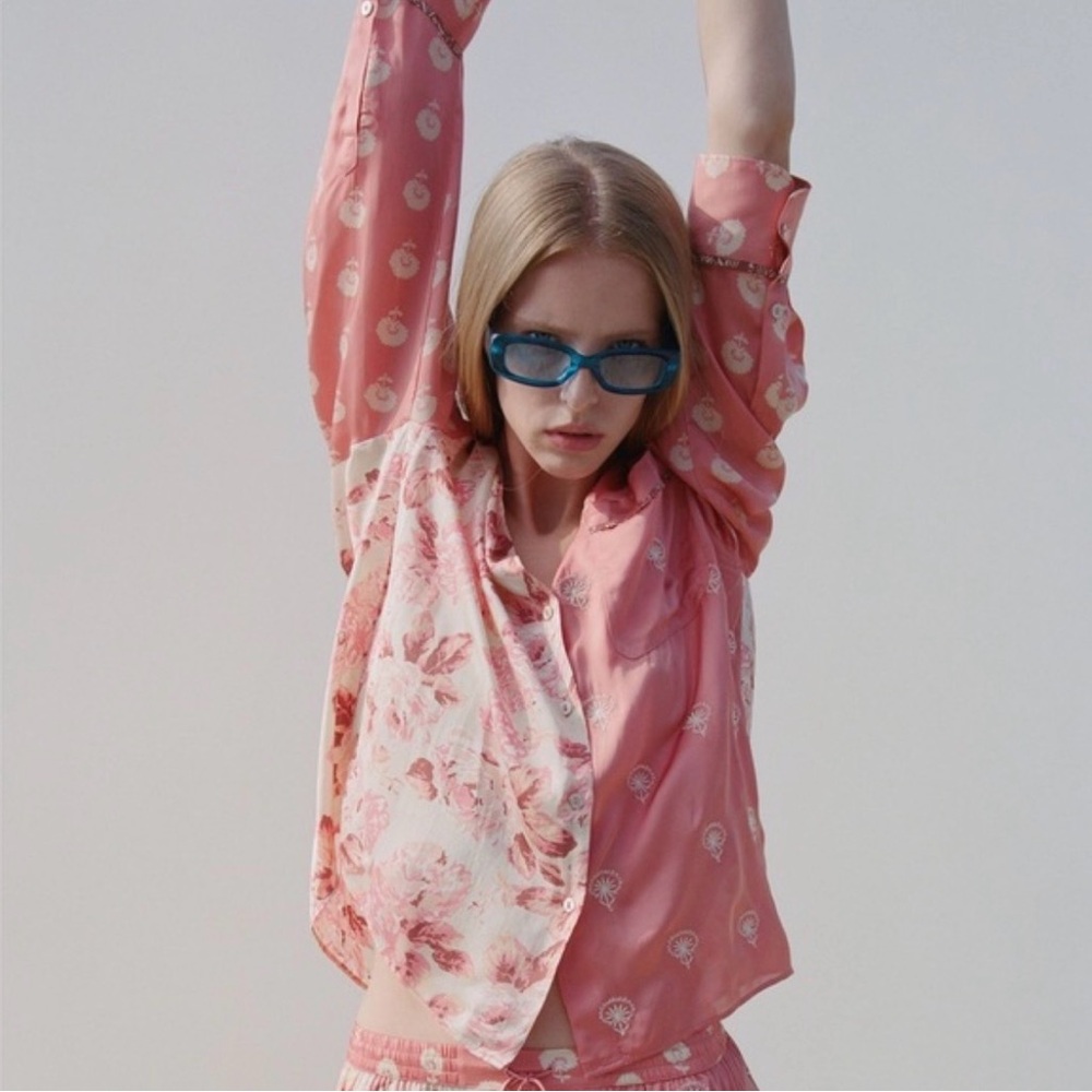 Zara Mixed Floral Embroidered Satin Button Down Shirt